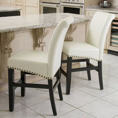 Contemporary leather counter stools,Ivory dining chairs with nail-head decoration (Set of 2),25 inches upholstered dining chairs suitable for Kitchen/Bedroom/Dining Room.