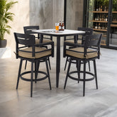 Modern 5PC Outdoor Patio Bar Set,Rounded Square Sintered Stone Table & 4 Swivel Bar Chairs,Non-Rust Aluminum Frame,Ember Black, Marble-Inspired Top,Bearing Swivel Plate,Tapered Legs,Sunbrella Cushion