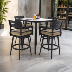 Modern 5PC Outdoor Patio Bar Set,Rounded Square Sintered Stone Table & 4 Swivel Bar Chairs,Non-Rust Aluminum Frame,Ember Black, Marble-Inspired Top,Bearing Swivel Plate,Tapered Legs,Sunbrella Cushion