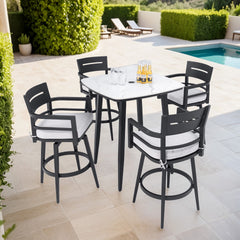 Modern 5PC Outdoor Patio Bar Set,Rounded Square Sintered Stone Table & 4 Swivel Bar Chairs,Non-Rust Aluminum Frame,Ember Black, Marble-Inspired Top,Bearing Swivel Plate,Tapered Legs,Sunbrella Cushion