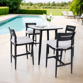 Modern 5PC Outdoor Patio Bar Set, Rounded Square 35.4'' Sintered Stone Table & 4 Aluminum Bar Stools, Ember Black, Greek White Marble-Inspired Top, Tapered Legs, Sunbrella Cushion, Weather-Resistant