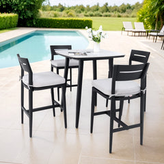 Modern 5PC Outdoor Patio Bar Set, Rounded Square 35.4'' Sintered Stone Table & 4 Aluminum Bar Stools, Ember Black, Greek White Marble-Inspired Top, Tapered Legs, Sunbrella Cushion, Weather-Resistant