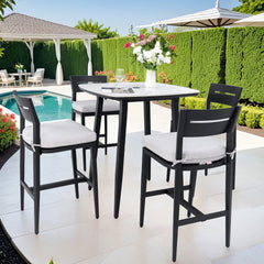 Modern 5PC Outdoor Patio Bar Set, Rounded Square 35.4'' Sintered Stone Table & 4 Aluminum Bar Stools, Ember Black, Greek White Marble-Inspired Top, Tapered Legs, Sunbrella Cushion, Weather-Resistant