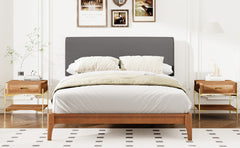 Full Size Solid Dry Bamboo Wood 12 Inch Platform Bed, with Gray Curved Upholstered Adjustable Headboard, Easy Assembly