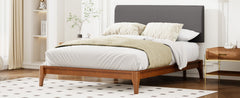 Full Size Solid Dry Bamboo Wood 12 Inch Platform Bed, with Gray Curved Upholstered Adjustable Headboard, Easy Assembly