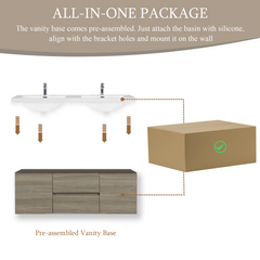 60" Floating Bathroom Vanity with Sink, Wall-Mounted Storage Cabinet with Solid Surface Top Basin, Two Sinks and Soft Close Drawers Fully Assembled, Ash Grey 24V11-60DAG-W1920P385494