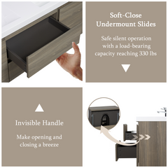 60" Floating Bathroom Vanity with Sink, Wall-Mounted Storage Cabinet with Solid Surface Top Basin, Two Sinks and Soft Close Drawers Fully Assembled, Ash Grey 24V11-60DAG-W1920P385494