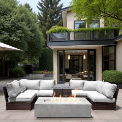 9-Piece Modular Wicker Seating Group with Ultra-Soft Cushions & Concrete Fire Pit