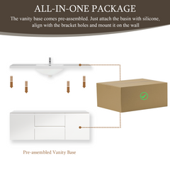 60" Floating Bathroom Vanity with Sink, Modern Wall-Mounted Bathroom Storage Vanity Cabinet with Solid Surface Top Basin and Soft Close Drawers, Glossy White GF-24V11-60SGW-W1573P152688