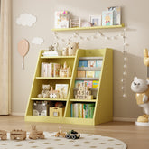 Yellow Wooden Toy Storage Organizer Cabinet Kids Bookshelf Children Bookcase Toddler Baby Sling Book Rack Shelf for Playroom Bedroom Nursery Hallway School Kindergarten Living Roomy