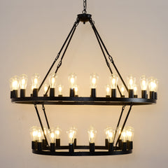 47.24 Inch Matte Black Wagon Wheel Chandelier With 36-Lights (24+12) (No Bulbs)