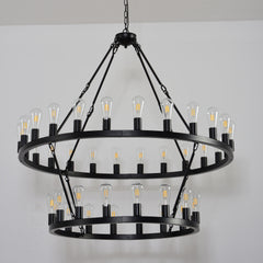 47.24 Inch Matte Black Wagon Wheel Chandelier With 36-Lights (24+12) (No Bulbs)