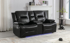 2 Seater Home Theater Recliner Manual Recliner Chair with a LED Light Strip Two Cup Holders and a Storage Box for Living Room,Bedroom, Black