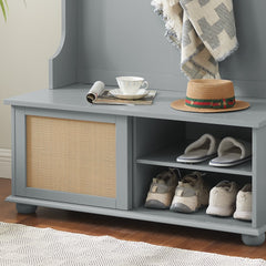 Clothes hanger Hall Tree Storage Bench Shoe Rack for Entryway, Hall Tree with Bench and Shoe Storage, Hall Tree Entryway Bench with Rattan Door Gray, 40.16"W*18.58"D*64.17"H