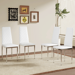 Modern White PU Dining Chairs Set of 4 - Diamond Quilted High Back Design with Silver Chrome Metal Legs, Essential for Minimalist Homes, High Comfort & Affordability, Perfect for Kitchen,W1151107273