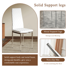 Modern White PU Dining Chairs Set of 4 - Diamond Quilted High Back Design with Silver Chrome Metal Legs, Essential for Minimalist Homes, High Comfort & Affordability, Perfect for Kitchen,W1151107273