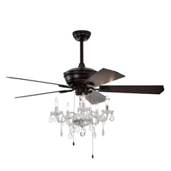 52'' Crystal Shade Ceiling Fan Lamp ,3 Speed ,4 Timing , 5 Reversible Blades Crystal Ceiling Fan ,5PCS*E12 (NO Include Bulb) -- Hand Pull Chain