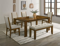 6pc Rectangular Dining Table Handcrafted Feel Solid Wood Tailored Chairs Tufted Bench Upholstered Soft Neutral Fabric Wooden Dining Room Furniture