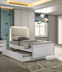 Contemporary Glam Pearl White Upholstered Twin Size Bed w LED W Trundle Embossed Panel 1pc Bedframe Bedroom Furniture