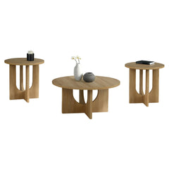 Contemporary Style 3pc Table Set 1x Round Coffee Table 2x Round End Table Cross Arch Base Natural Finish
