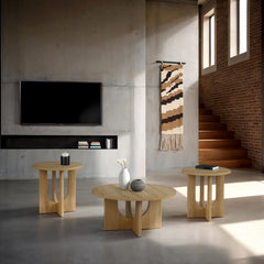 Contemporary Style 3pc Table Set 1x Round Coffee Table 2x Round End Table Cross Arch Base Natural Finish