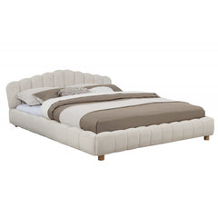Velvet Upholstered Queen Platform Bed, Modern Bedroom Furniture Wood Low Profile Bed Frame, Cream