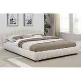 Velvet Upholstered Queen Platform Bed, Modern Bedroom Furniture Wood Low Profile Bed Frame, Cream