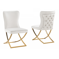 Modern Velvet Dining Chair Set of 2, Tufted Back Design, Gold Plated Metal Legs, Beige