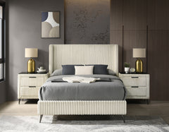 Mavela Wide Wale Corduroy Upholstery Panel Queen Bed with 2 Nightstands, Cream