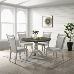 Iris 5-Piece Dining Set, Round Pedestal Table with 4 Chairs, Weathered White and Gray