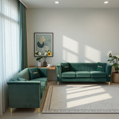 FX-P82-2PC SOFA -GR3 Green Velvet Sofa Set of 2, Two Modern 3-Seater Sofas with Plush Cushions & Gold-Tone Metal Legs Stylish Living Room Couch Set for Homes, Apartments, and Guest Areas