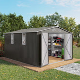 10x12FT Outdoor Storage Shed Large Metal Garden Shed with Double Door and Two Translucent Windows Waterproof Tool Shed for Backyard Patio Lawn Poolside ,Grey Color
