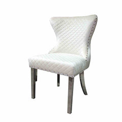Glam Style 2pc Side Chair Silver Square Legs Diamond Pattern Nailhead Trim White Finish Dining Room