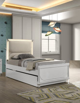 Contemporary Glam Pearl White Twin Size Bed Only LED Embossed Panel 1pc Bedframe Trundle Not Included.