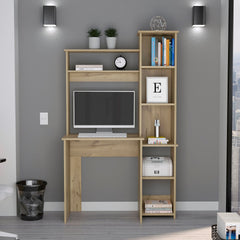 Light Oak 6-Shelf Writing Desk with Built-in Bookcase