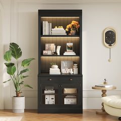 83.4"Tall Bookshelf with 3 pieces LED Lighting, Modern Bookcase with 2 Glass Doors and 1 Drawer,Storage Bookcase with Open Shelves for Living Room,Home Office,Black