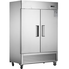 54"W Commercial Refrigerator 2 Section 2 Solid Door Stainless Steel Interior and Exterior Reach-in Refrigerator 42.2 Cu.ft. Upright Fan Cooling Refrigerator for Restaurants and Commercial Environments