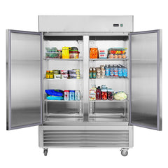 54"W Commercial Refrigerator 2 Section 2 Solid Door Stainless Steel Interior and Exterior Reach-in Refrigerator 42.2 Cu.ft. Upright Fan Cooling Refrigerator for Restaurants and Commercial Environments