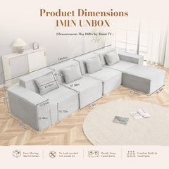 L-Shaped Modular Sectional Sofa, 4-Seater with Ottoman, Striped Corduroy Fabric, High-Density Foam For Home, Apartment, Office (Light Gray)