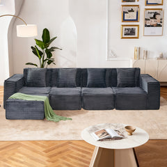 L-Shaped Modular Sectional Sofa, 4-Seater with Ottoman, Striped Corduroy Fabric, High-Density Foam For Home, Apartment, Office (Dark Gray)