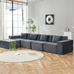 L-Shaped Modular Sectional Sofa, 4-Seater with Ottoman, Striped Corduroy Fabric, High-Density Foam For Home, Apartment, Office (Dark Gray)