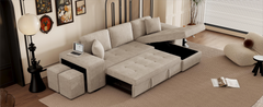 104.5" Modern L-Shape 3 Seat Reversible Sectional Couch, Pull Out Sleeper Sofa with Storage Chaise and 2 Stools for Living Room Furniture Set, Cream