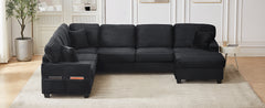 Sectional Sofa U-shaped Sectional 125.2" Upholstered L-shaped Sofa with a Movable Ottoman and Side Storage Pockets for Living Room, Black