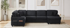 Sectional Sofa U-shaped Sectional 125.2" Upholstered L-shaped Sofa with a Movable Ottoman and Side Storage Pockets for Living Room, Black