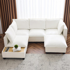 90" U-shaped Sectional Sofa Modular Sofa Couch with a Movable Ottoman , a Coffee Table with Hidden Charging Devices for Living Room, White