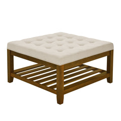 Upholstered Coffee Table Tufted Linen Large Square Ottoman with Beech Wood Shelf and Frame, Oversized Footrest Ottoman for Living Room,Office,Bedroom,Outdoor IVORY