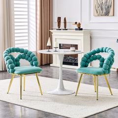 Set of 2 Teal Puffy Bubble Chair Ball Chain Chair Velvet Dining Chairs with Gold Legs, Modern Upholstered Accent Chairs for Dining Room & Kitchen