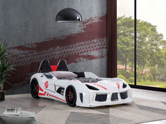 Modern Novelty Style Twin Size Race Car Design Bed Attached Two Magnetic Doors With LED Lights On Wheels And Bottom Upholstery Headboard And Sides White Finish