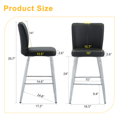 Modern Black PU Bar Chair Set - Two Pieces, The backrest has a vertical and smooth line design WIth Silver Metal Leg.Suitable for placement in bars, living rooms, bars, and other venues.