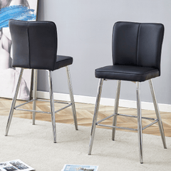 Modern Black PU Bar Chair Set - Two Pieces, The backrest has a vertical and smooth line design WIth Silver Metal Leg.Suitable for placement in bars, living rooms, bars, and other venues.